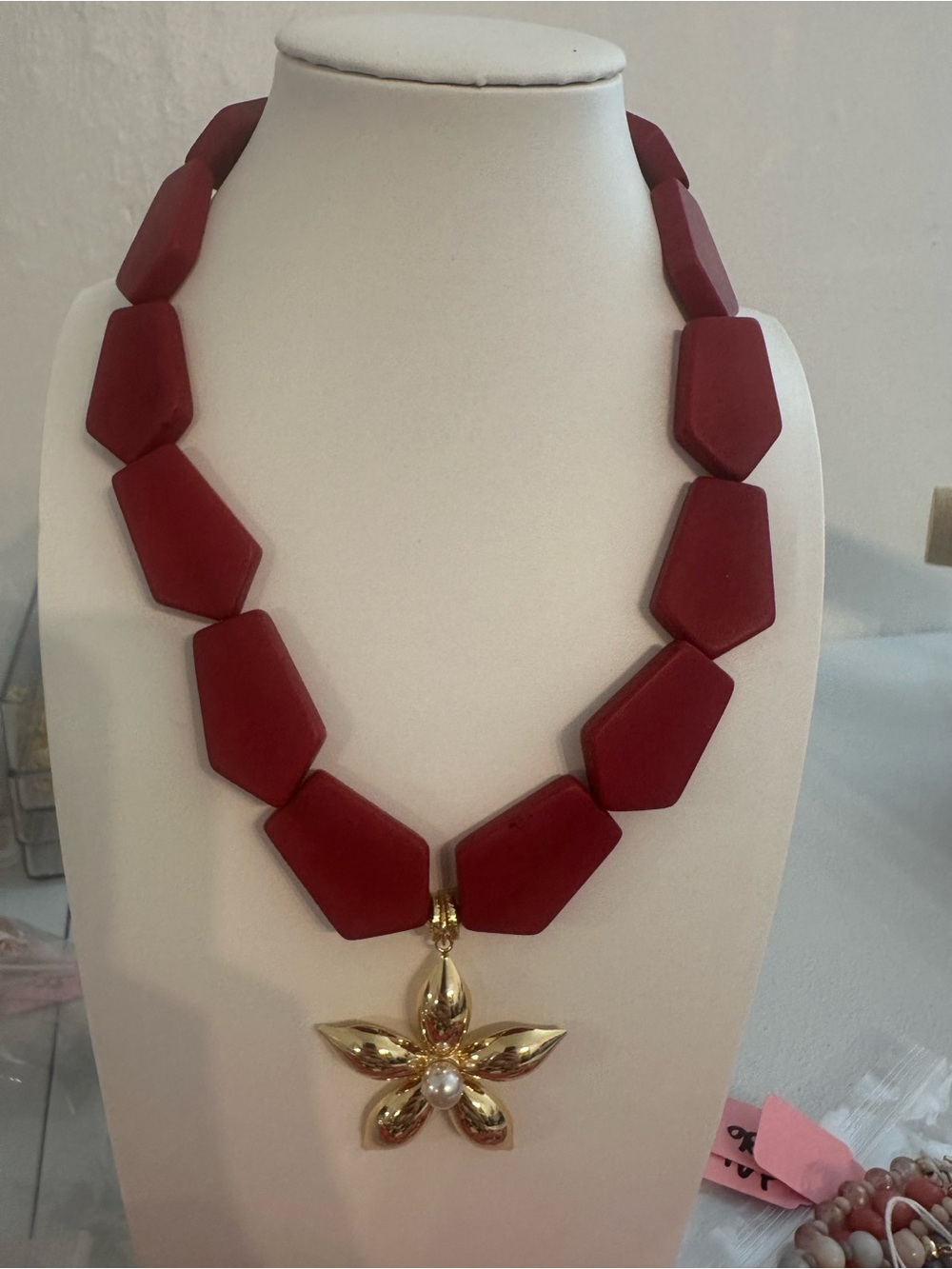 Red Statement Bead Necklace with Gold Flower Pendant